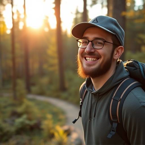 A man in his early 30s hiking in a forest, smiling broadly.
