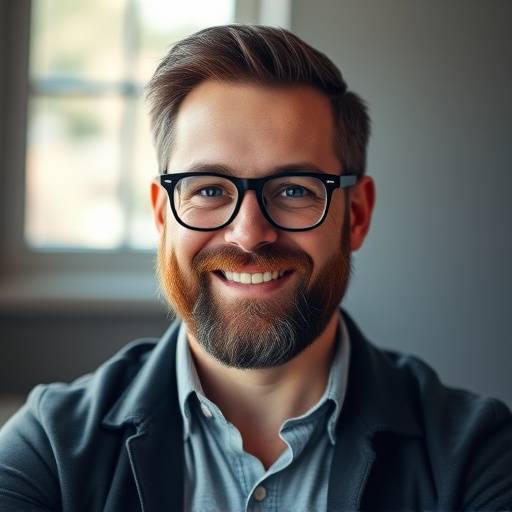 A man with glasses and a beard, smiling confidently