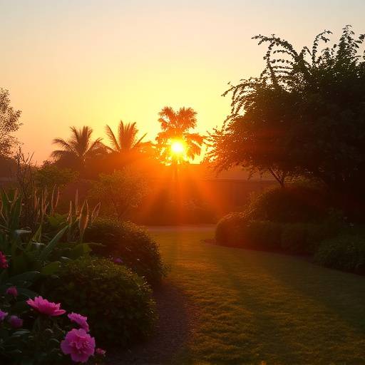 A serene garden landscape at sunrise