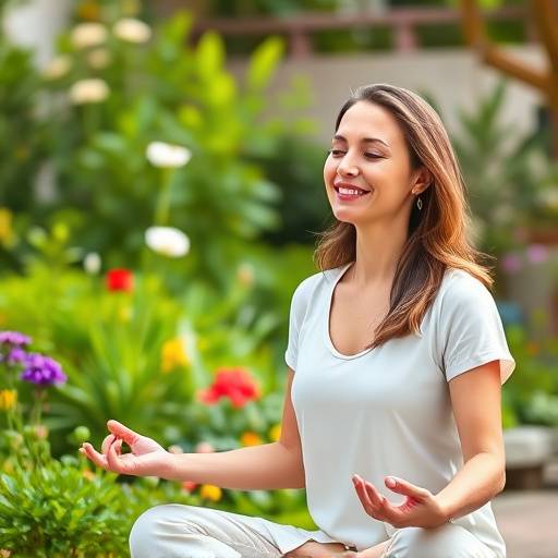 A smiling woman meditating in a serene garden setting, representing the mindfulness course.
