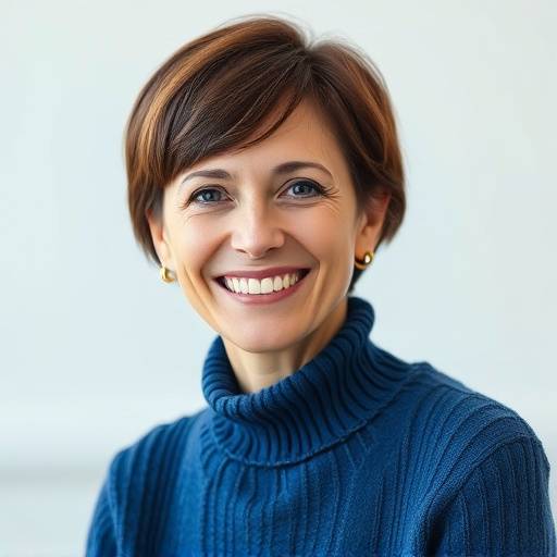 A smiling woman with short brown hair, wearing a blue sweater
