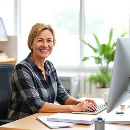 A woman in her late 40s, smiling, sitting at a desk.