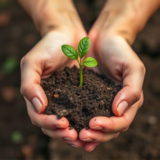 Close-up of hands holding soil with a small plant sprouting
