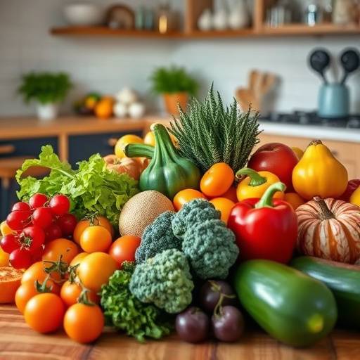 Healthy and vibrant fruits and vegetables on a kitchen table