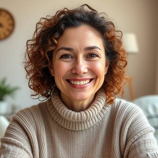 Middle aged woman with curly hair, smiling warmly during a video call.