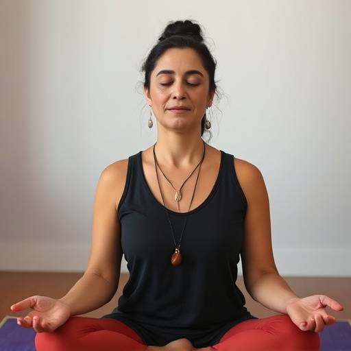 Portrait of Maria Rodriguez, mindfulness instructor at Holistic Harmony Hub, meditating peacefully.