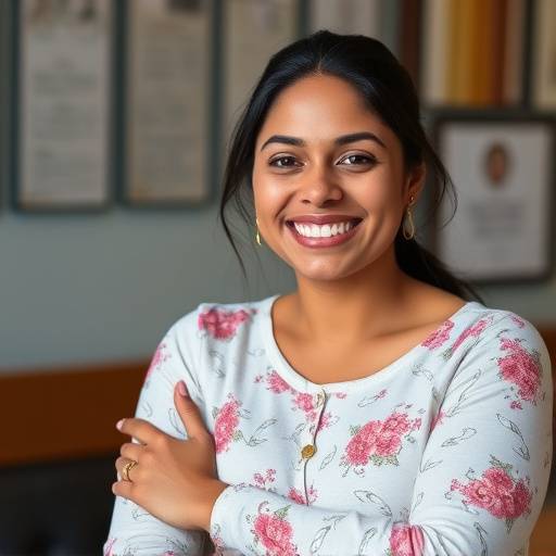 Portrait of Sofia Patel, customer support specialist at Holistic Harmony Hub, smiling friendly.